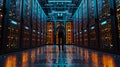 A man stands in front of the server racks. Rear view. AI Generated. Royalty Free Stock Photo