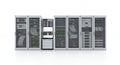 Server Racks in Data Center on White Background Showing Telecommunication Equipment with Cables and Servers for Network Royalty Free Stock Photo