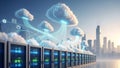 Server racks with data clouds and city skyline in the background cloud computing technology Royalty Free Stock Photo