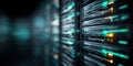 Server racks glow with activity in a modern data center during nighttime operations Royalty Free Stock Photo