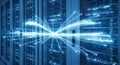 Illuminated server racks with data streams emanating from a central processing unit hub in blue tones Royalty Free Stock Photo