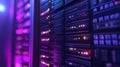 Server racks with glowing digital data flow. Big data network processing and storage Royalty Free Stock Photo