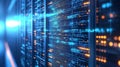 Server racks with glowing digital data flow. Big data network processing and storage Royalty Free Stock Photo