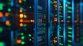 Server racks with glowing digital data flow. Big data network processing and storage Royalty Free Stock Photo