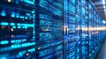 Server racks with glowing digital data flow. Big data network processing and storage Royalty Free Stock Photo