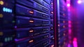 Server racks with glowing digital data flow. Big data network processing and storage Royalty Free Stock Photo