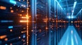 Server racks with glowing digital data flow. Big data network processing and storage Royalty Free Stock Photo