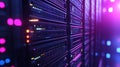 Server racks with glowing digital data flow. Big data network processing and storage Royalty Free Stock Photo