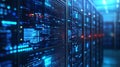 Server racks with glowing digital data flow. Big data network processing and storage Royalty Free Stock Photo