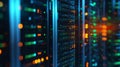 Server racks with glowing digital data flow. Big data network processing and storage Royalty Free Stock Photo