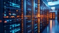 Server racks with glowing digital data flow. Big data network processing and storage Royalty Free Stock Photo