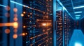 Server racks with glowing digital data flow. Big data network processing and storage Royalty Free Stock Photo