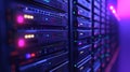 Server racks with glowing digital data flow. Big data network processing and storage Royalty Free Stock Photo