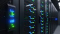 Server racks with glowing green blue lights. Royalty Free Stock Photo