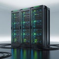 Server Racks with Glowing Green Lights and Cables in a Data Center technology computer Royalty Free Stock Photo