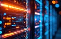 Server racks with illuminated lights in a data center, showcasing technology infrastructure and digital connectivity Royalty Free Stock Photo