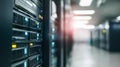 Server racks with glowing lights filling a high tech data center, illustrating cloud technology, network, and security Royalty Free Stock Photo