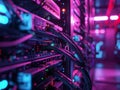 Server Racks with Interconnected Cables and Neon Lighting Royalty Free Stock Photo