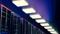 Server room data center. Backup, mining, hosting, mainframe, farm and computer rack with storage information. 3d render Royalty Free Stock Photo