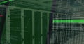 Server racks showing code overlay and waveform in data center, hex dump, File  ENCRYPTION banner Royalty Free Stock Photo