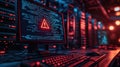 Server room alert. Computer screen shows tech warning. Dimly lit room with server racks. Digital security threat. Cybersecurity