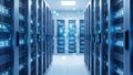 Server Room With Blinking Lights, Data Center Hallway, Technology and Network Infrastructure Royalty Free Stock Photo