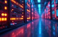 Server room with blinking lights. Rows of computers hum in data center. Futuristic tech equipment glows with red and blue Royalty Free Stock Photo