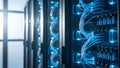 Server Room with Blue Fiber Optic Cables and Glowing Lights, Data Center Network Infrastructure Royalty Free Stock Photo