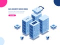 Server room cabinet, data center and database isometric icon, server rack farm, blockchain technology, web hosting, data