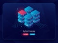 Server room, cloud storage big data processing isometric icon, futuristic digital solutions, abstract technology element