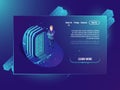 Server room, cloud storage files, futuristic data center and network, web hosting and virtual server isometric neon