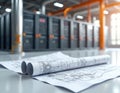 Server room cooling system design. Architectural plans show technical drawing of infrastructure, machinery layout, ventilation Royalty Free Stock Photo