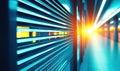Server room corridor with glowing servers and bright light at end, ideal for tech backgrounds Royalty Free Stock Photo