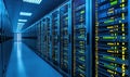 Server room corridor with glowing servers, data center network infrastructure Royalty Free Stock Photo