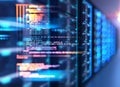 Server room 3d illustration with node base programming data des