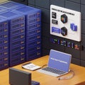 server room 3d illustration with node base programming data design element Royalty Free Stock Photo