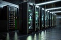 Server room data center. Backup, mining, hosting, mainframe and computer rack with storage information. 3d render, generative ai Royalty Free Stock Photo