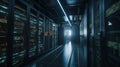 Server room data center. Backup, mining, hosting, mainframe and computer rack with storage information. Generative AI Royalty Free Stock Photo