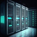 Server room data center. Backup, mining, hosting, mainframe and computer rack with storage information. Generative AI Royalty Free Stock Photo