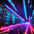 Server room data center. Backup, mining, hosting, mainframe, farm and computer rack with storage information. Generative AI Royalty Free Stock Photo