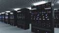 Server room data center. Backup, mining, hosting, mainframe, farm and computer rack with storage information. 3d render Royalty Free Stock Photo