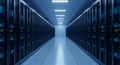 Server Room Data Center with Blue Light Illumination and White Floor Tiles in Long Corridor with Rows of Rack Cabinets Royalty Free Stock Photo