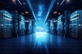 Server room data center with bright blue lights 3D rendering toned image, IT Server and modern digital fortress with digital Royalty Free Stock Photo