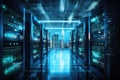 server room data center with bright lights and servers 3d rendering toned image, IT Server and a modern digital fortress with Royalty Free Stock Photo