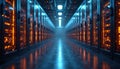 Server room data center with cyber data exchange. Digital web networking system, database storage, computer racks, Royalty Free Stock Photo