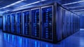 Modern Data Center Server Room Technology Blue Lights Powerful Network Infrastructure web cyber