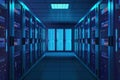 Server room in data center filled with rows of identical blue-green servers, creating organized structured environment