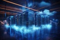 Server room data center with glowing lights 3D rendering toned image, Backup cloud data service center. 3D rendering, AI Generated Royalty Free Stock Photo
