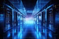 Server room data center hallway with blue lights and reflections. 3D Rendering, Big data center technology warehous with servers Royalty Free Stock Photo