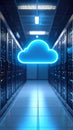 Server room data center with illuminated blue cloud symbol modern technologies digital solutions Royalty Free Stock Photo
